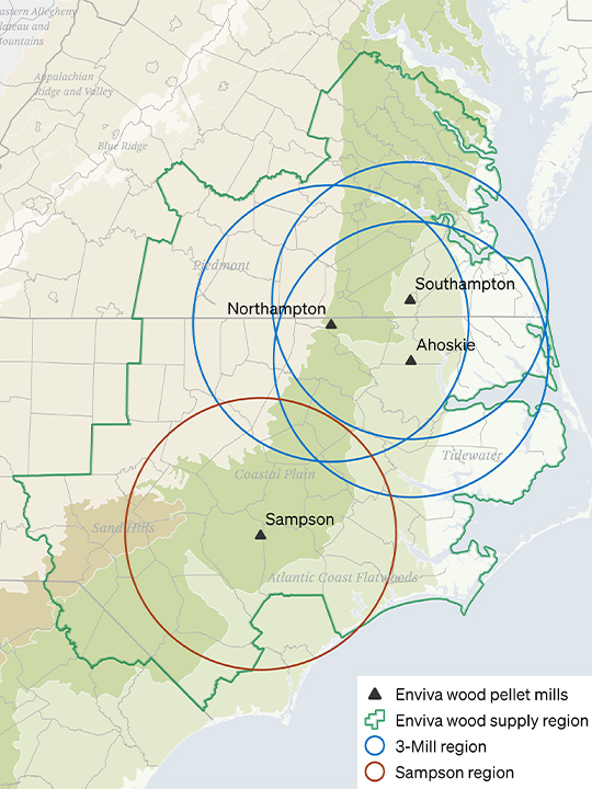 Map for where Enviva sources wood from.