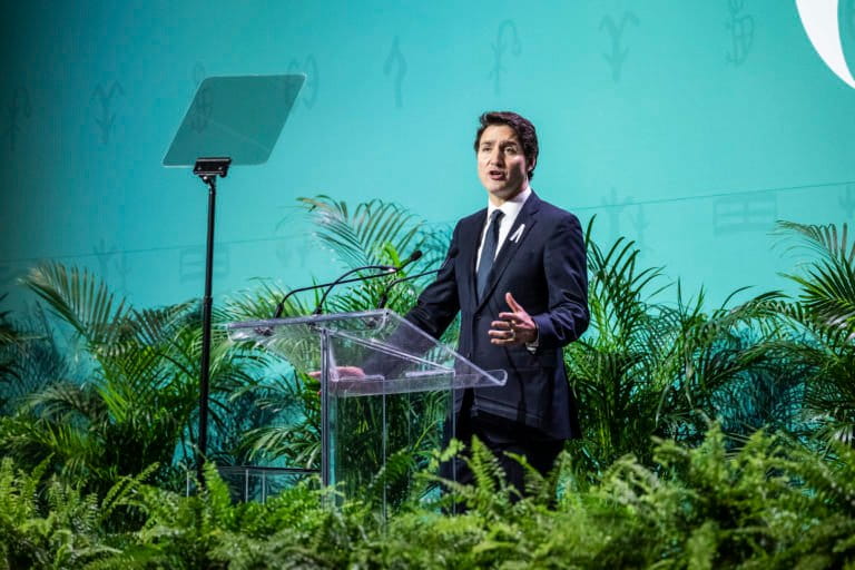 Justin Trudeau speaks during a conference at COP15 in Montreal. Image by UN Biodiversity via Flickr (CC BY-NC-ND 2.0).