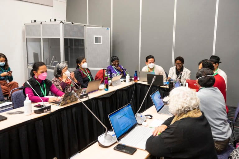 The Indigenous caucus, known as the International Indigenous Forum on Biodiversity, speaks with Elizabeth Mrema, executive secretary of the Convention on Biological Diversity. Image by UN Biodiversity via Flickr (CC BY-NC-ND 2.0).