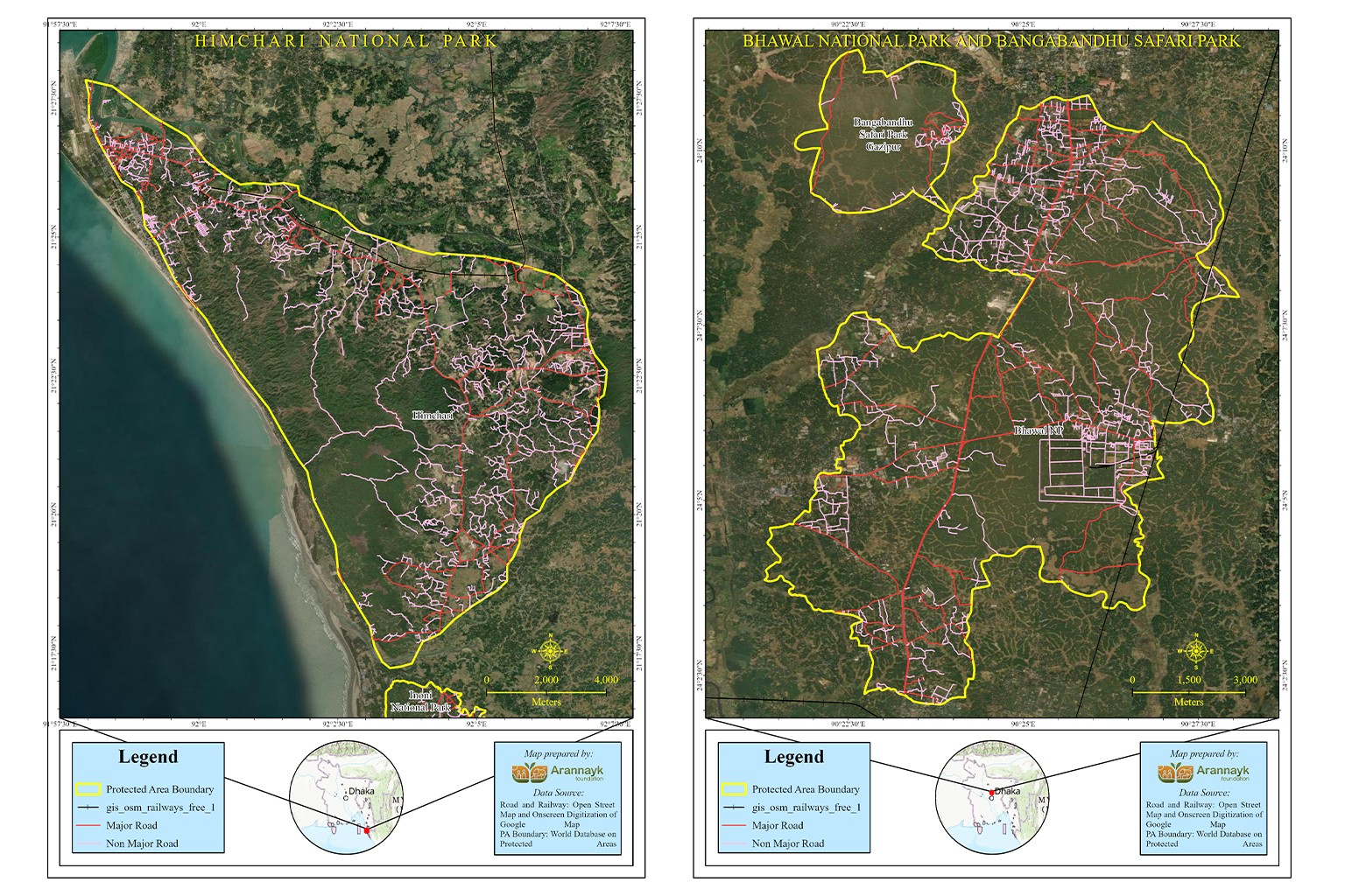 Road networks and railway lines within national parks in Bangladesh. 