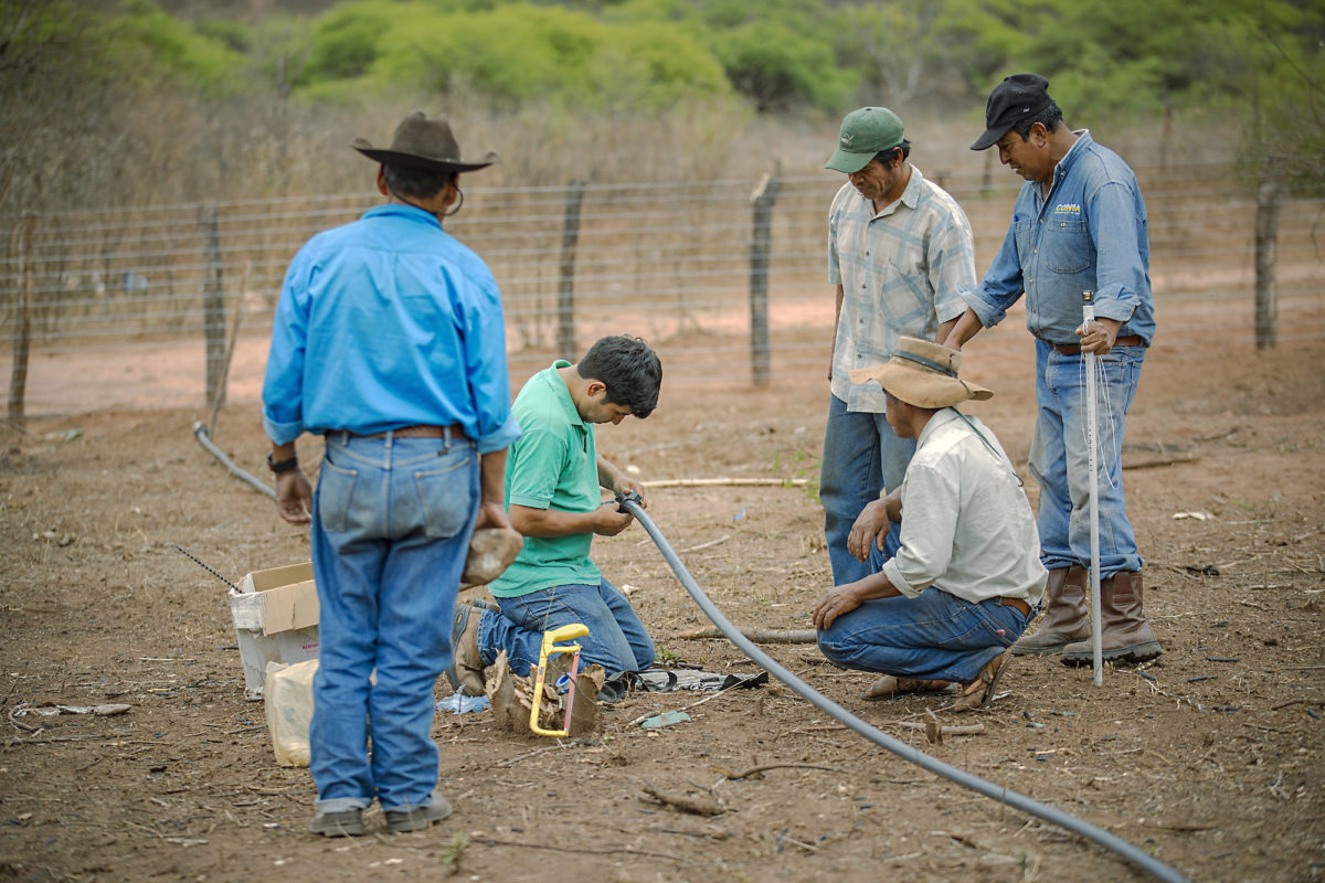 Farmers laying pipes.