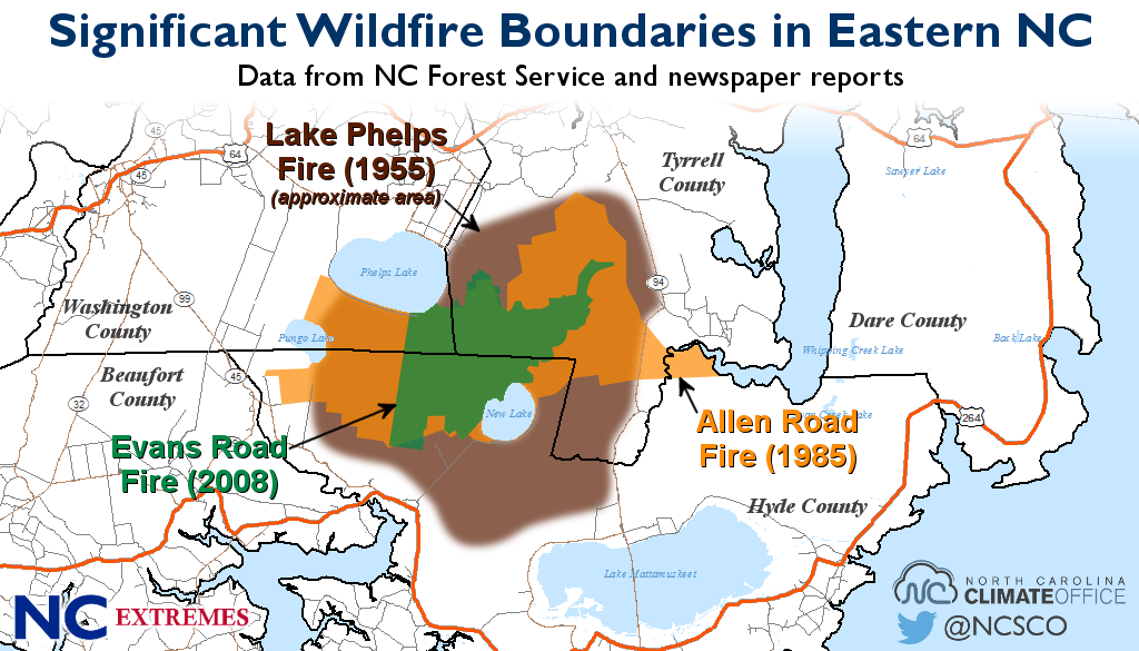 Map showing boundaries of three large wildfires on the Pamlico-Albemarle Peninsula.