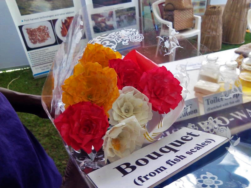 A bouquet of flowers made with fish scales.