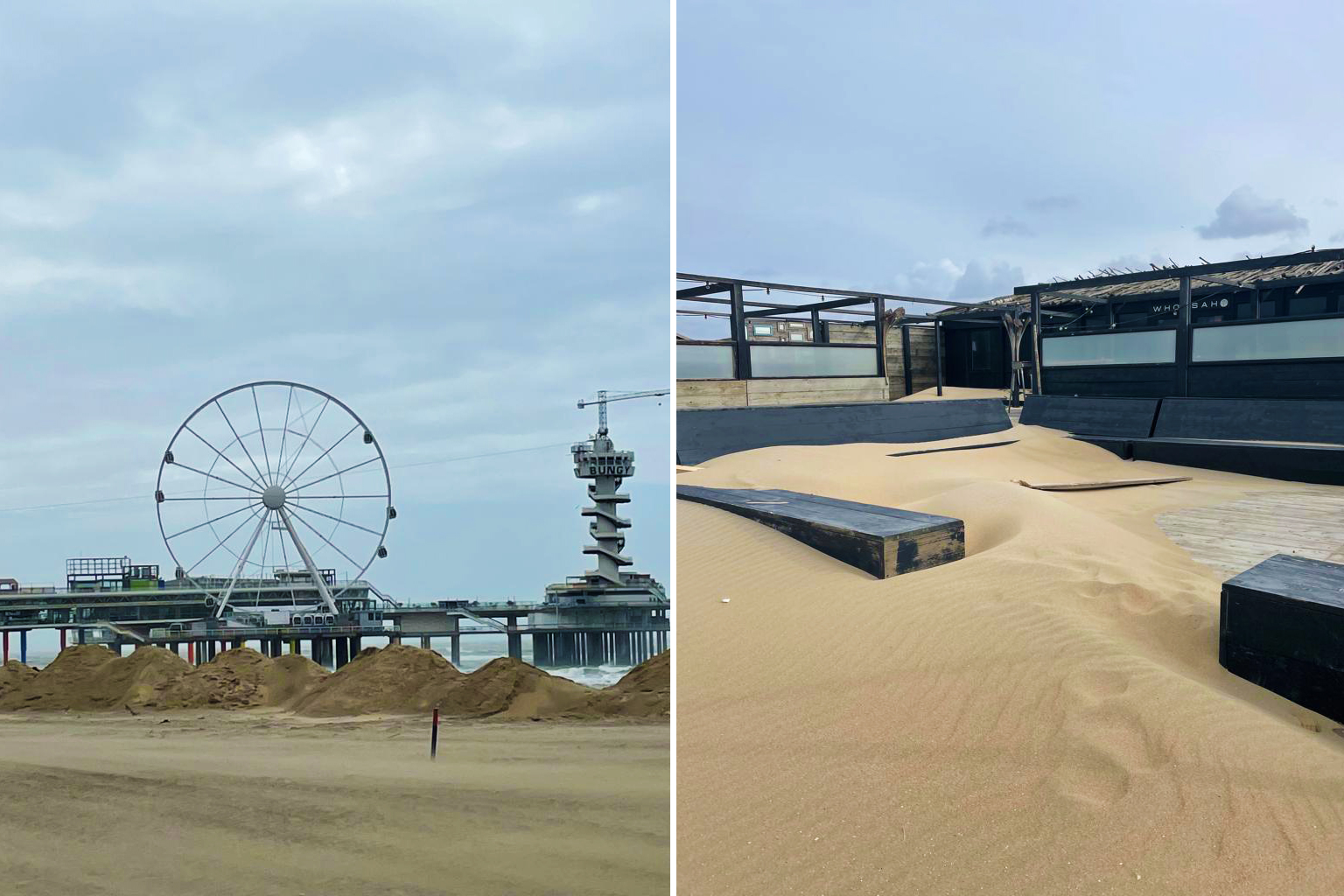 (Left) Preparation for Eunice at Scheveningen. (Right) Aftermath of Eunice at Scheveningen.