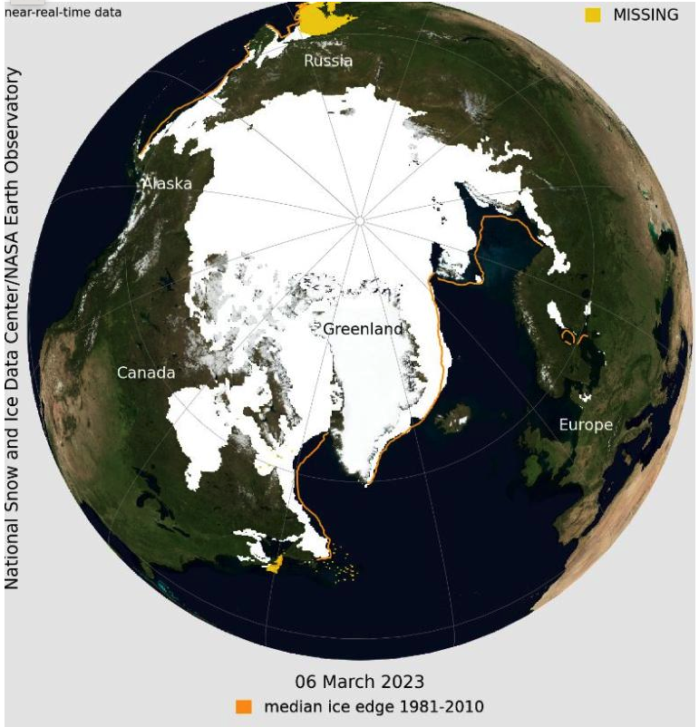 This NASA Blue Marble image shows Arctic sea ice on March 6, 2023, when sea ice reached its maximum extent for the year. 