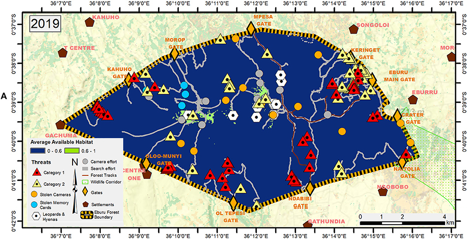 Map recording illicit activity noted by a research team in the Eburu Forest in 2019. Image courtesy Sheppard et al.