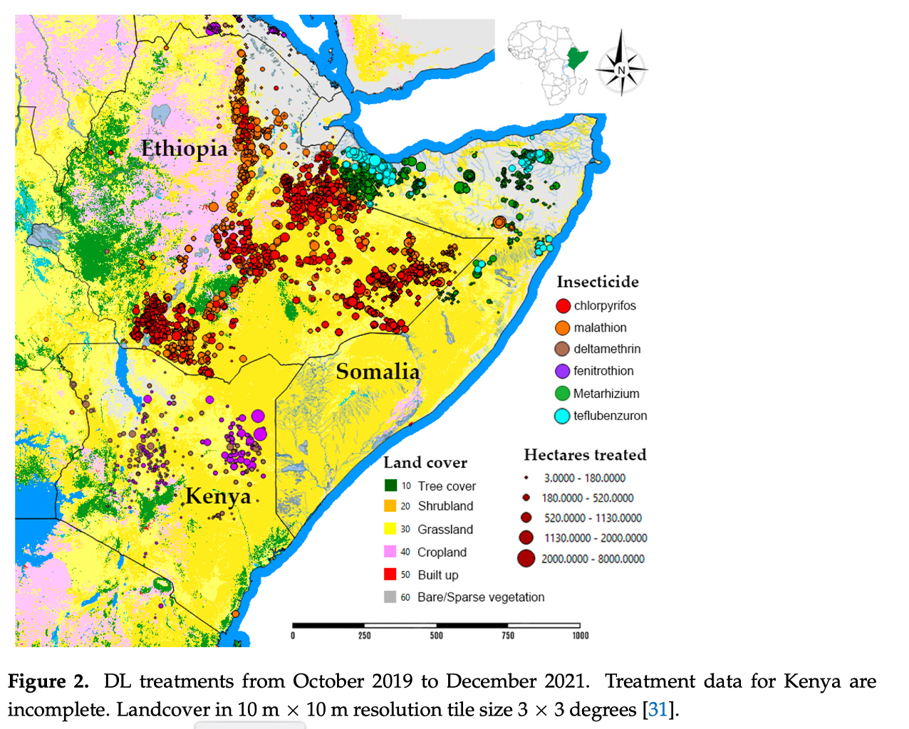 A map showing insecticide use in Ethiopia, Somalia and Kenya.