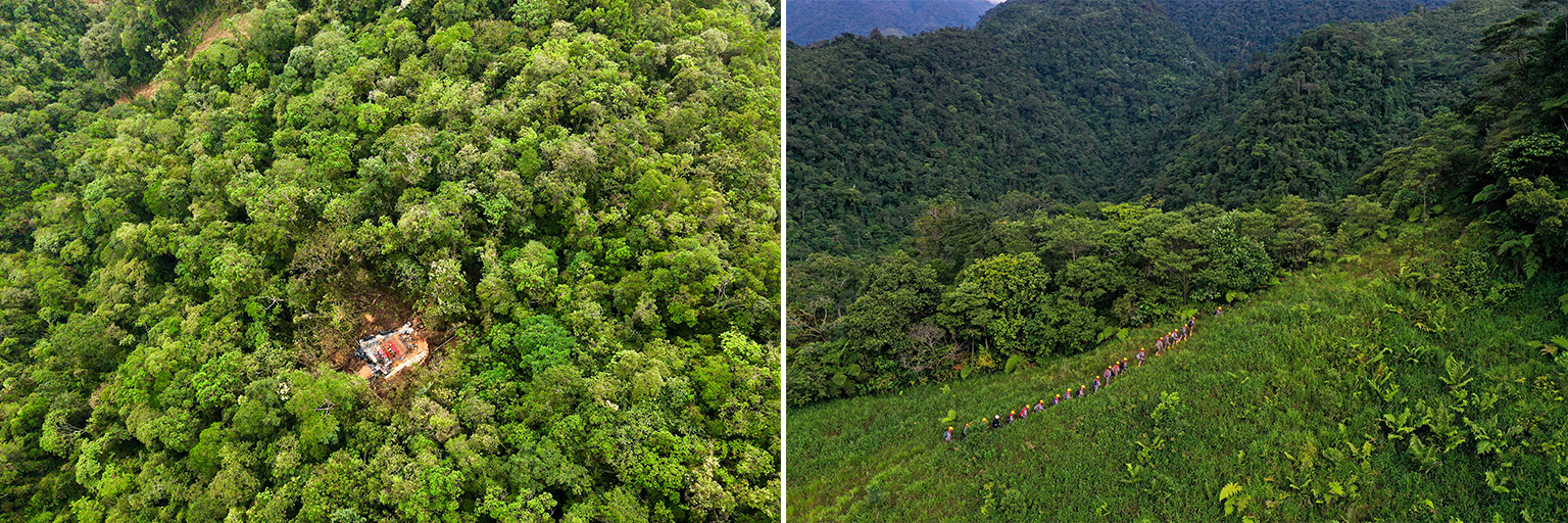 (Left) A small footprint drill pad. (Right) Libero employees accessing work areas. 