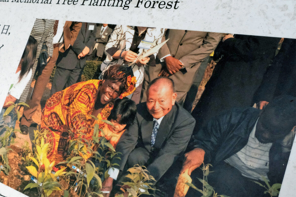 Akira Miyawaki photographed at a planting ceremony at Yokohama National University with Kenyan activist and Nobel Peace Prize laureate Wangari Muta Maathai.