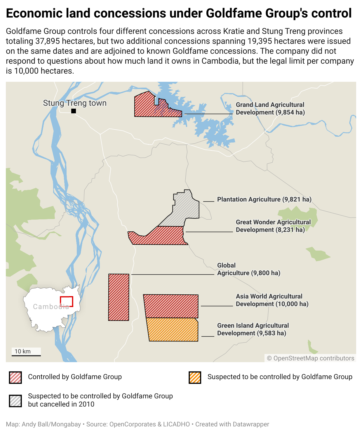 A map of known and suspected land concessions belonging to Goldfame Group in Cambodia.