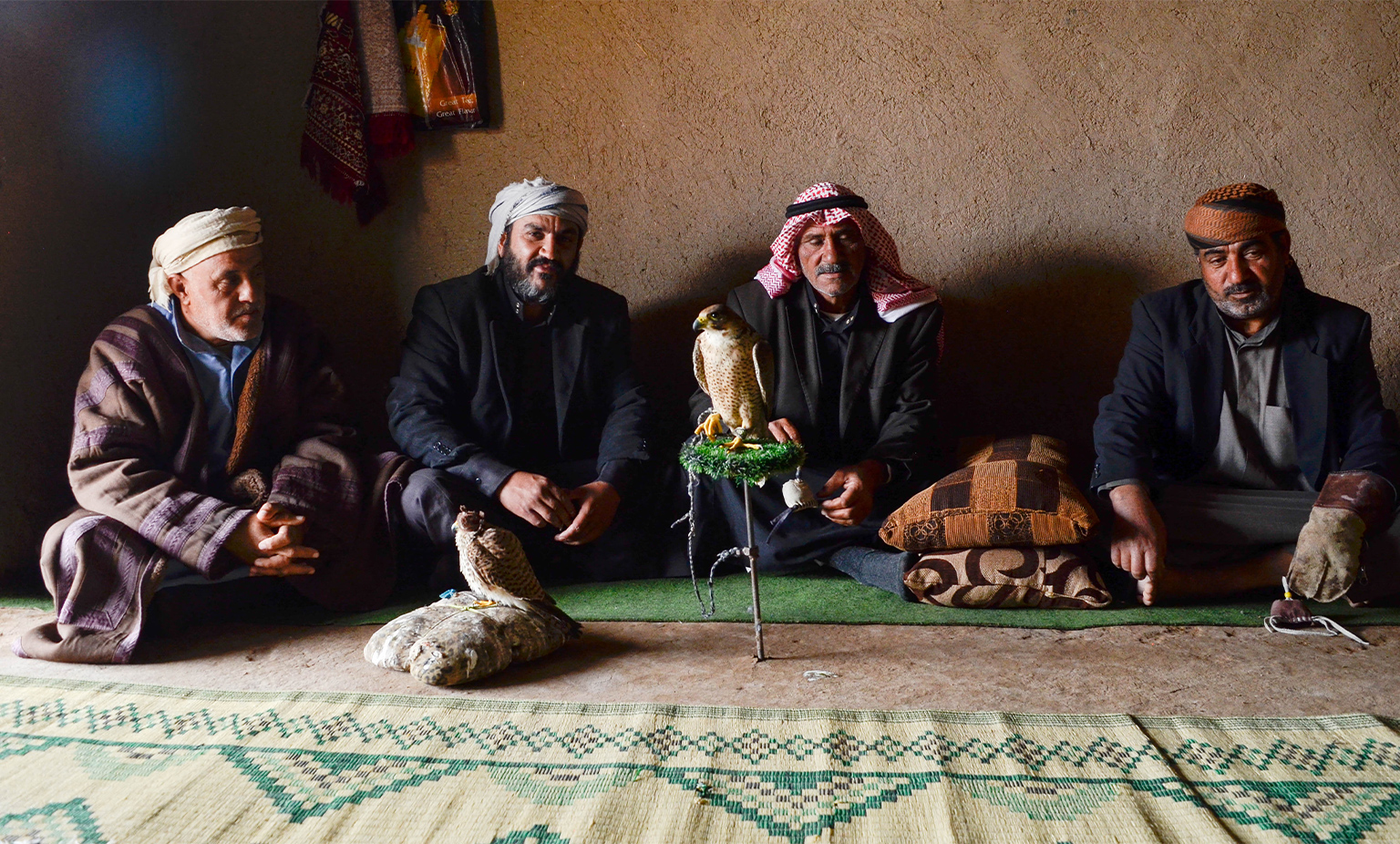 Abu Saddam, right, with fellow hunters from al-Tash, Syria, in April 2023. 