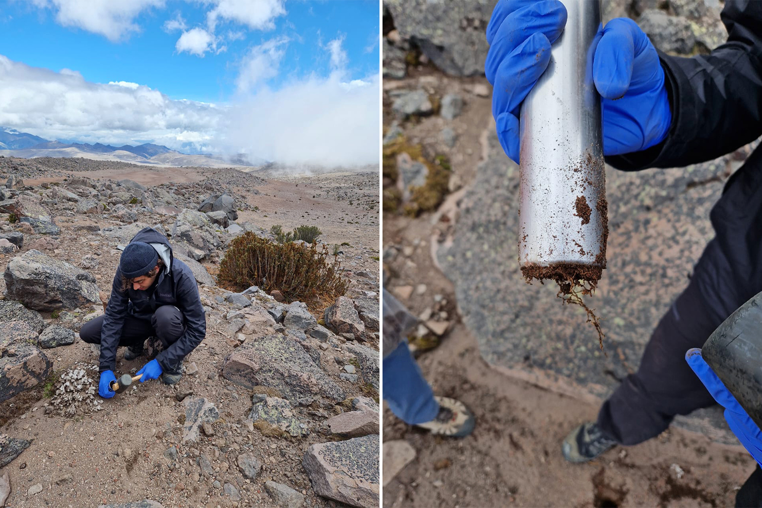 (Left) Justin Stewart collects soil samples from Mount Chimborazo. (Right) Justin Stewart was surprised to find root systems, and fungi, at an elevation of 4,000 meters (13,000 feet) on Mount Chimboraza. 