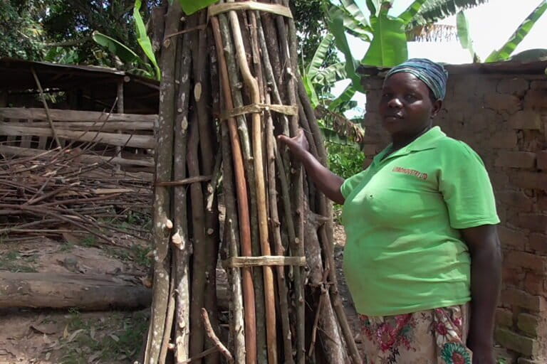 Agnes Chandiru one of the community members in Buvunya village bordering Mabira Forest with firewood from the forest. Community members are given two days in a week to collect firewood from the forest. Image by Benjamin Jumbe