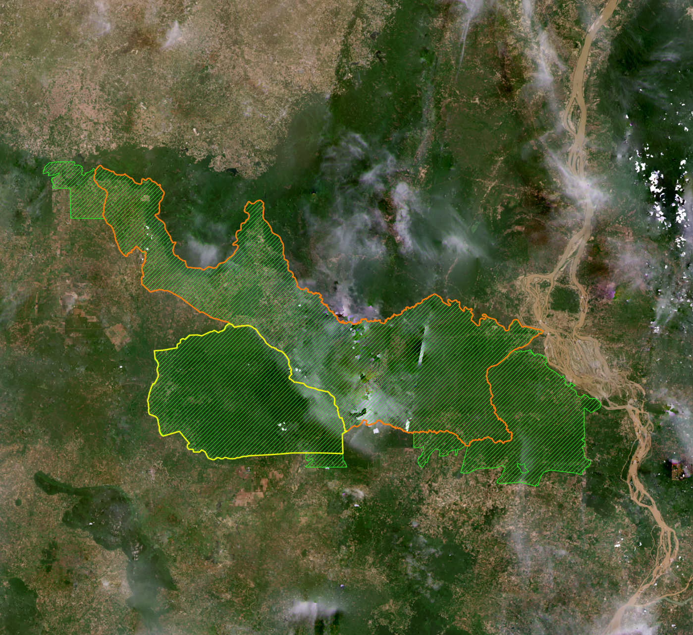 Preak Roka Wildlife Sanctuary (in yellow) was merged with Chaeb Wildlife Sanctuary (in orange) to form the new Chaeb-Preah Roka Wildlife Sanctuary (in green). Image by Gerald Flynn/Mongabay.