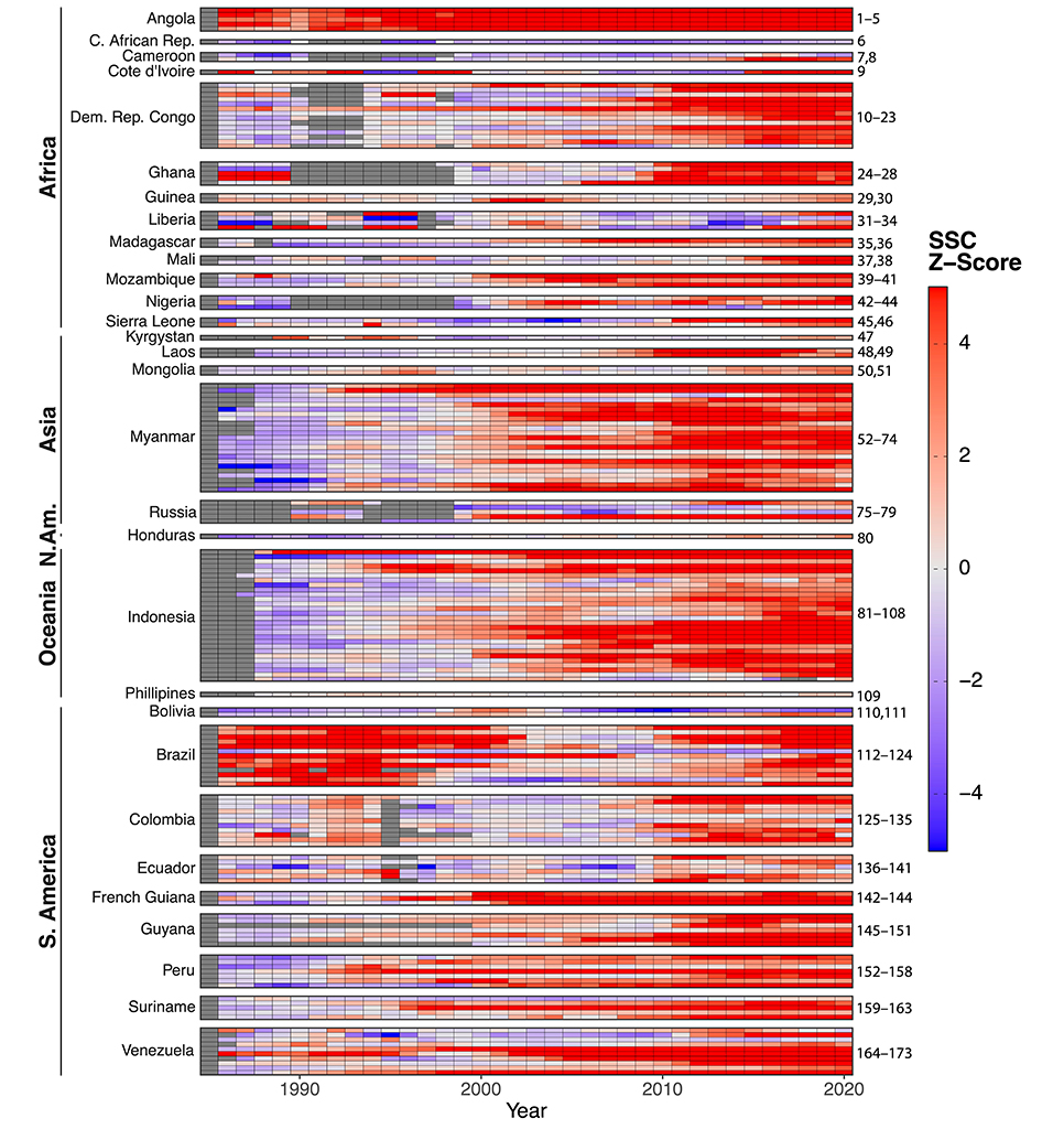 This time series measures sediment in mining-impacted rivers across the tropics. 