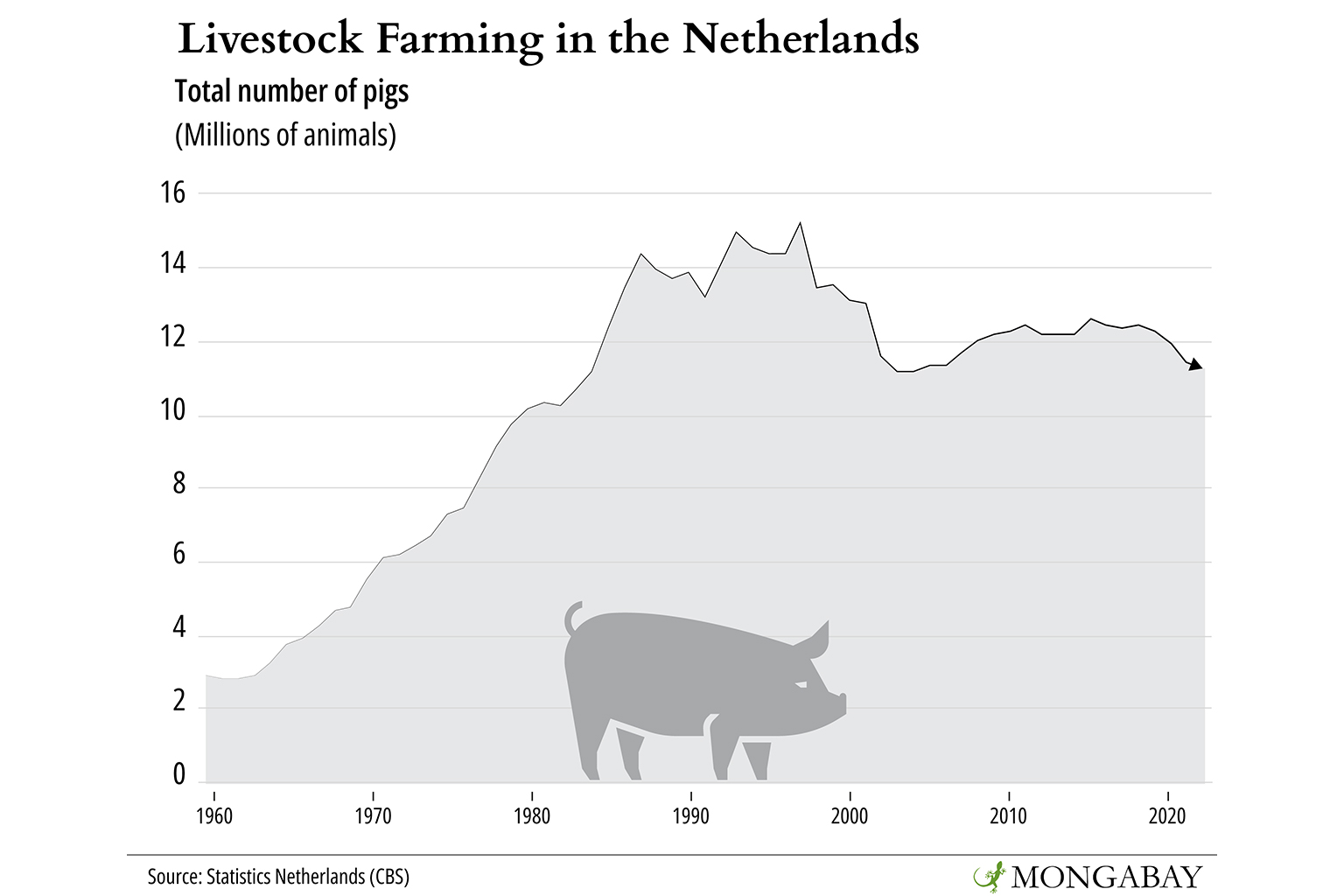 Graph: Total number of pigs in the Netherlands across the decades. 