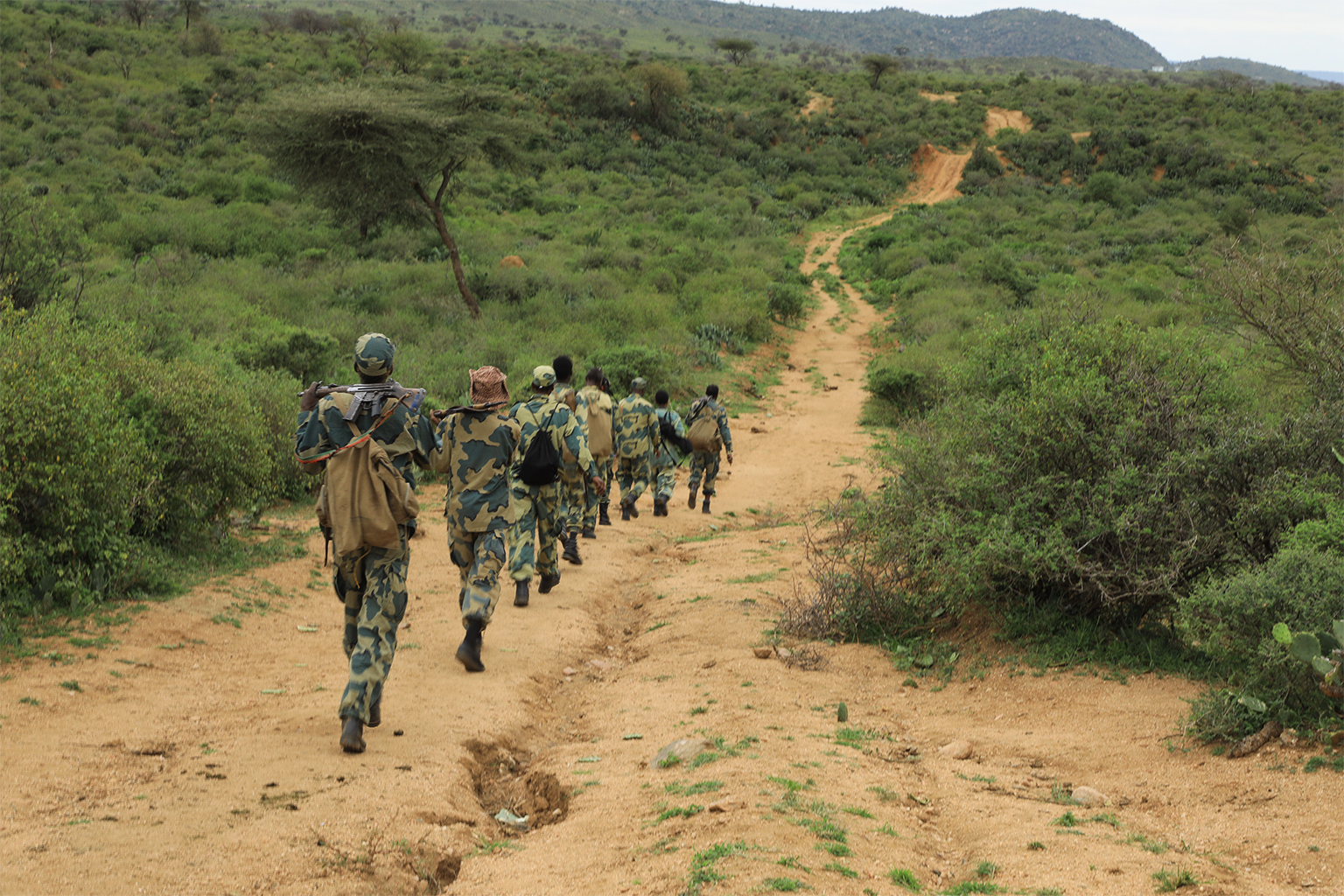 Fetiya Ousman leads her team on a patrol in the hilly terrain of Babile Elephant Sanctuary.