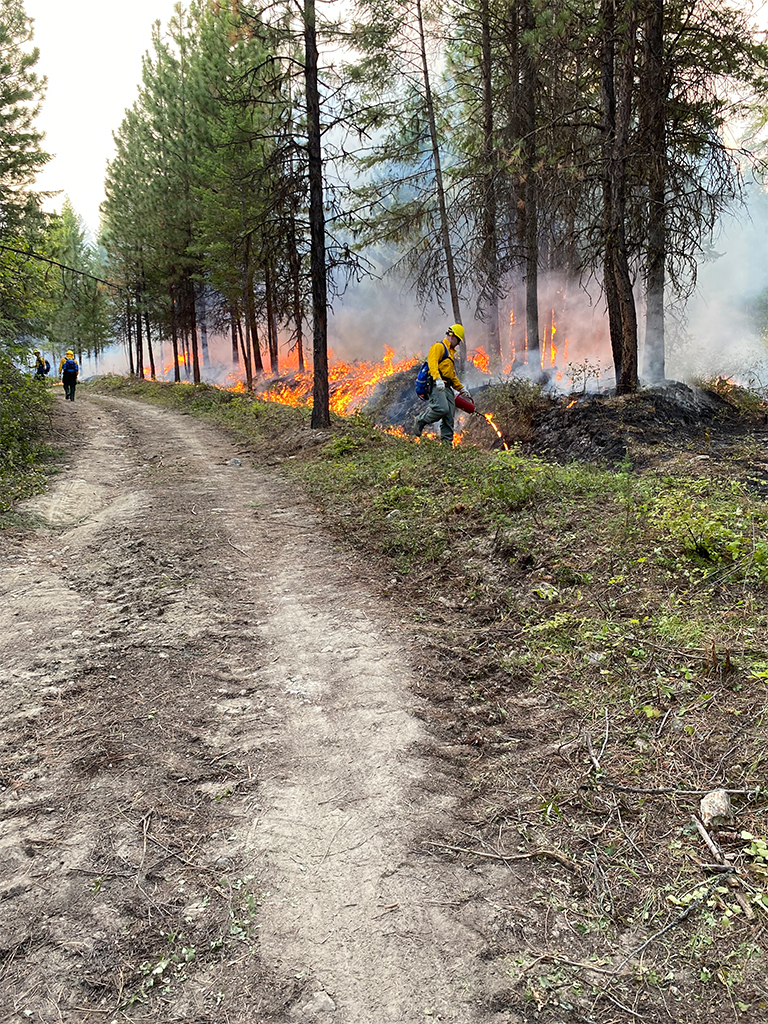 Firefighters at work during the Summit Trail fire of 2021 on the Colville Reservation in Washington state. 