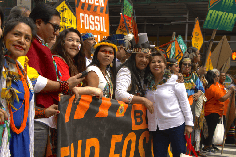 Fany Kuiru (right) with other Indigenous leaders at the March to End Fossil Fuels event in New York City on September 17, 2023. Image courtesy of the Confederation of Indigenous Organizations of the Amazon Basin (COICA).