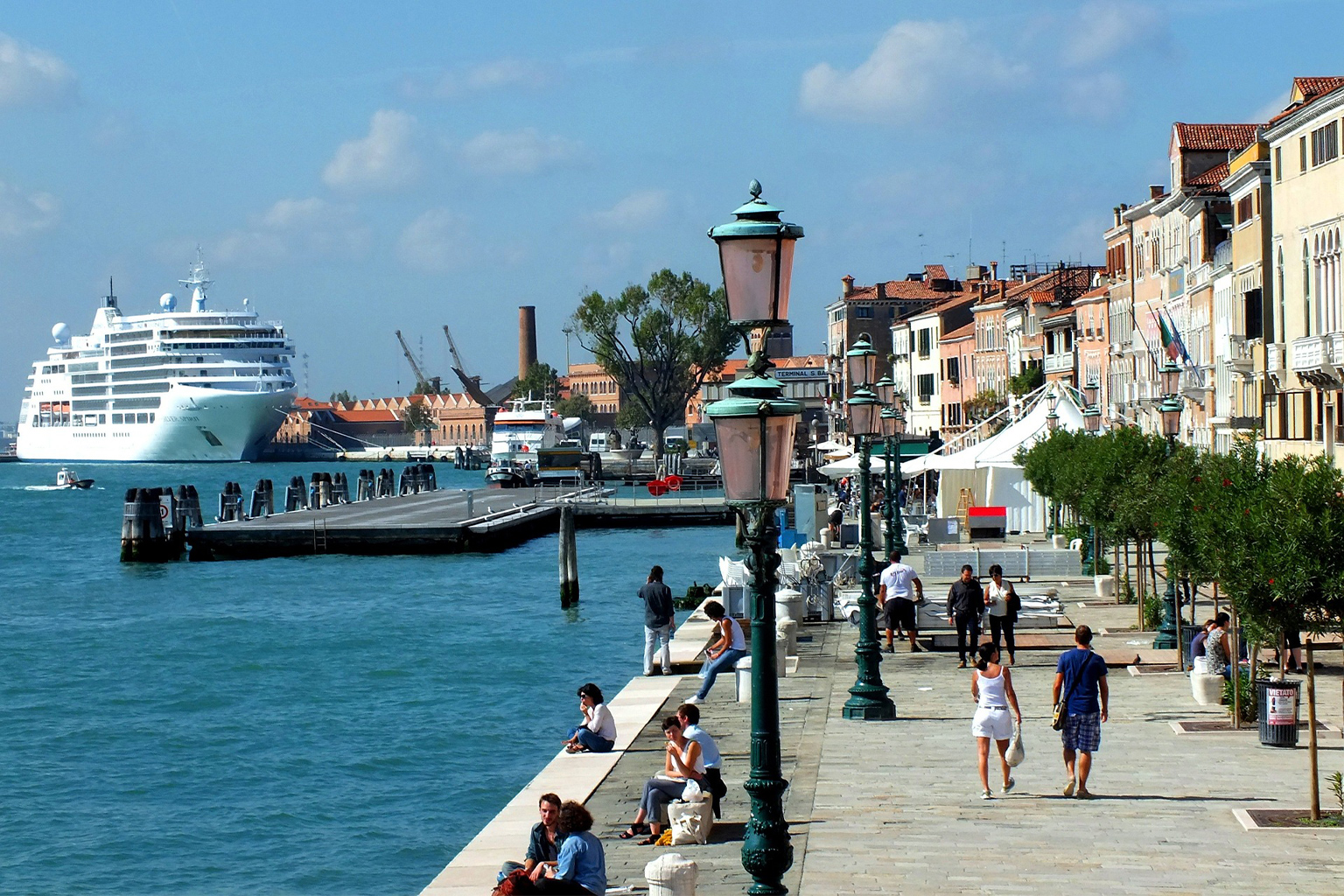 A cruise ship next by a city coast.