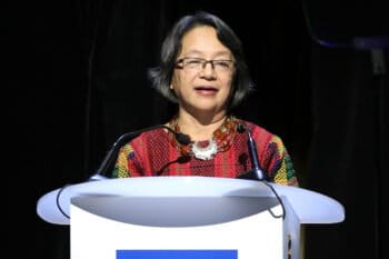 Victoria Tauli-Corpuz speaks at the Equator Prize 2015 Award Ceremony at Theatre Mogador on December 7, 2015 in Paris, France. Image courtesy of Victoria Tauli-Corpuz.