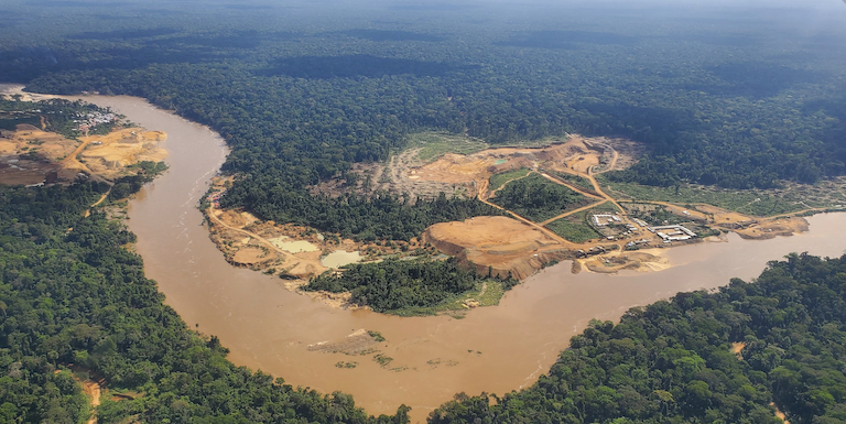 Semi-industrial mining at Muchacha along the Ituri River, in the southwestern sector of the Okapi Wildlife Reserve, has caused deforestation and contamination of water sources. Image courtesy of WCS/ICCN.