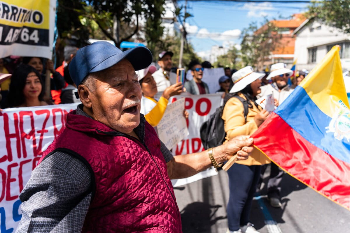 Protesters traveled from Las Naves, and across the country, to protest mining activities in their communities in front of the Constitutional Court, during a hearing to debate Decree 754 on September 18, 2023.