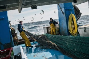 Fishermen on a fishing boat in the Mediterranean Sea.