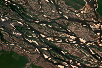 Planet satellite images of the confluence of the Rio Negro and Rio Jufari near the border of the states of Amazonas and Roraima in Brazil taken in October 2023, revealing sandbars and exposed riverbed during the severe drought that affected large parts of the Amazon rainforest. Photo courtesy of Planet Labs.