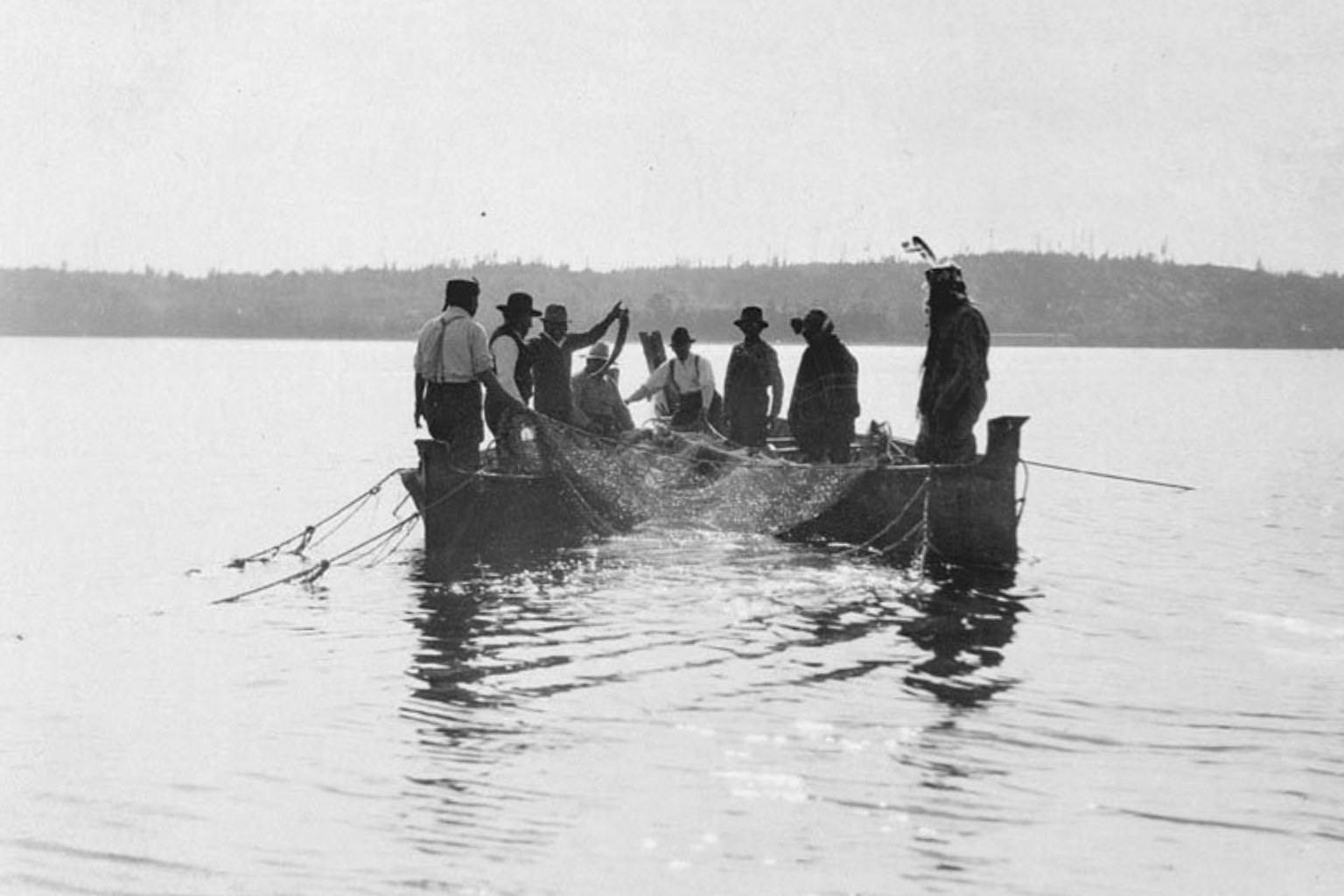 Lummi fishing with a reef net in the 1930s. 