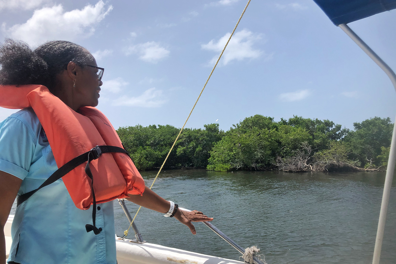 Mona Webber on the boat ride to Refuge Cay.