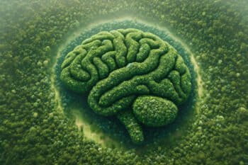 Artistic rendering of a forest shaped like a brain. AI-generated.