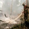 A firefighter puts out fires in a peatland in Indonesia.