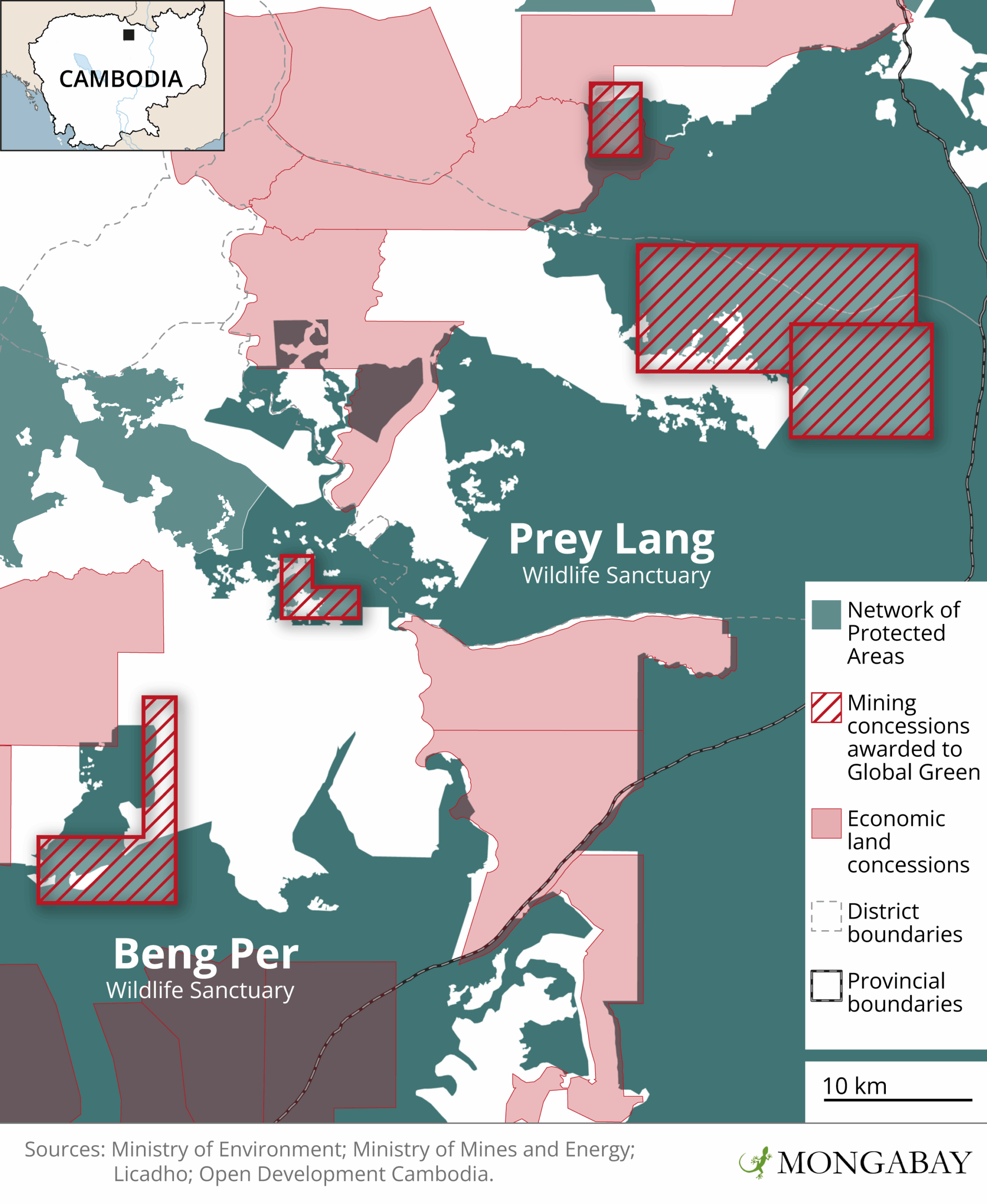 This map, verified by numerous government officials, shows five new mining concessions awarded to Global Green over the course of 2023. Four overlap with the boundaries of Prey Lang Wildlife Sanctuary, while another is situated inside Beng Per Wildlife Sanctuary. Image by Andrés Alegría / Mongabay.