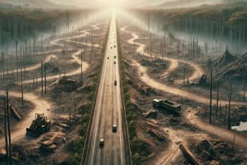 Generated image showing a road through a deforested landscape.