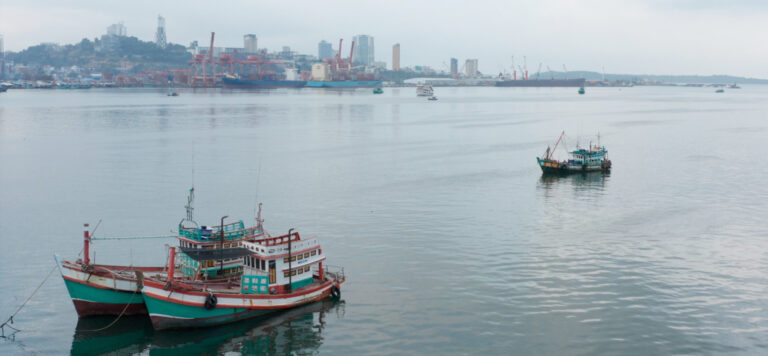 Trawlers docked outside the port city of Sihanoukville, Cambodia. Screenshot from ‘Illegal fishing and land grabs push Cambodian coastal communities to the brink’ by Andy Ball / Mongabay.