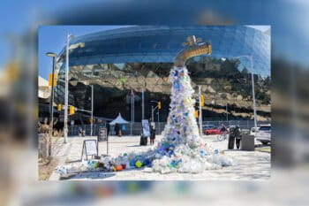 The plastic pollution art installation outside Ottawa's Shaw Centre where the summit took place.