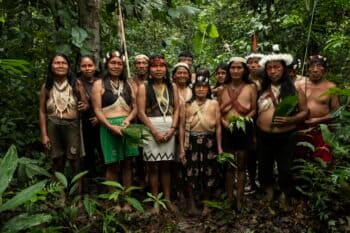 Waorani leader Nemonte Nenquimo with elders and community leaders.