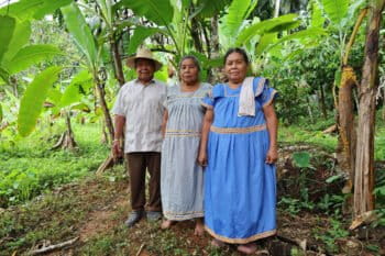 Santa Marta's traditional medicine doctors Mauricio Martínez, Elicia Martínez and Viviana Montero stand among a plot of land containing curative plants.