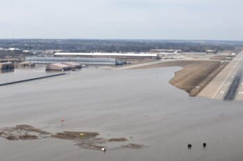 The Missouri River floods Nebraska’s Offutt Air Force Base in March 2019. Photo credit: Rachelle Blake on Wikimedia Commons