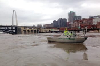 2. A U.S. Geological Survey boat monitors a severe Mississippi River flood near St. Louis, Missouri, in December 2015. Photo credit: U.S. Geological Survey