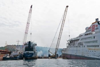 A shipbreaking yard.