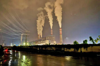 A coal-fired power plant at night in the nickel industrial area in Halmahera.