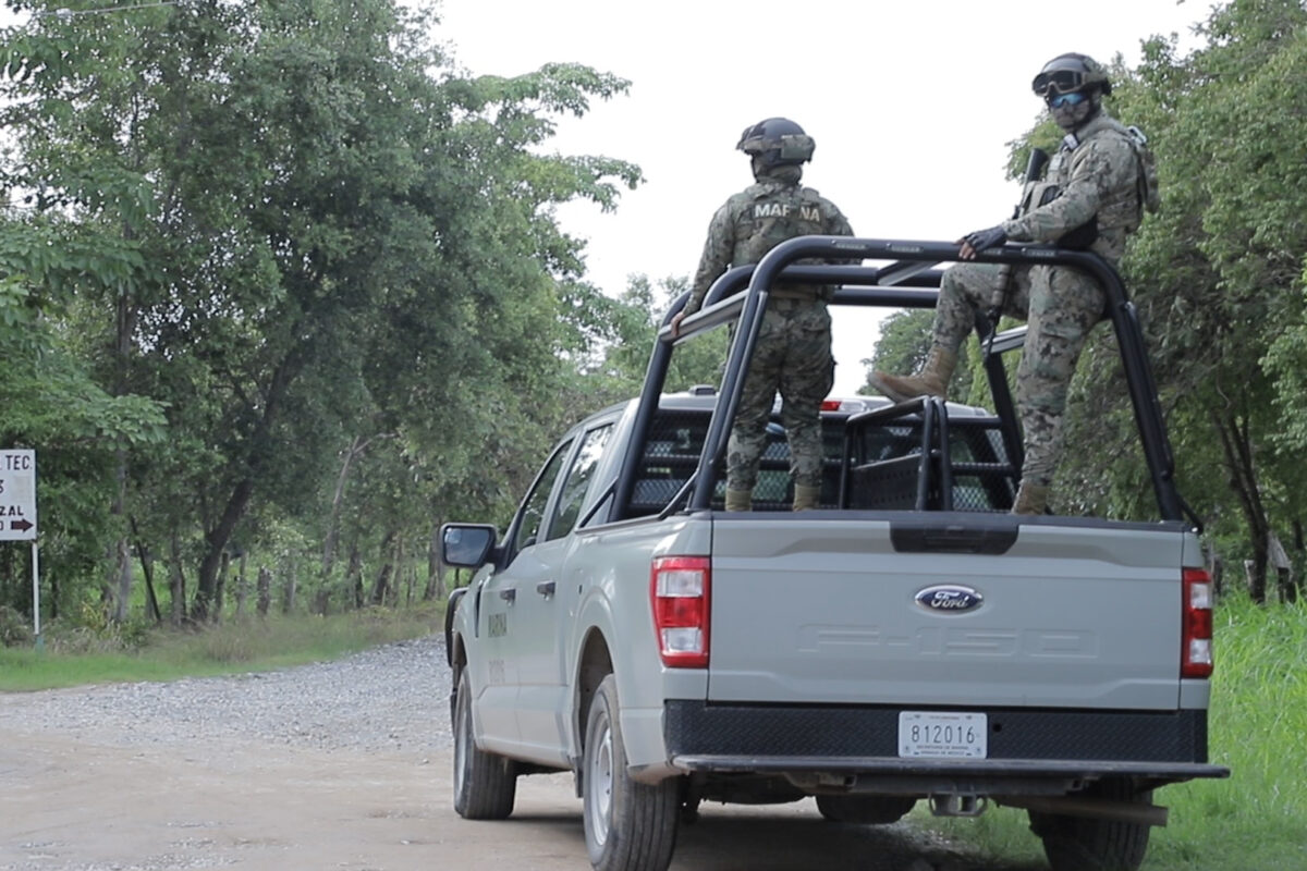 Military officials on patrol near one of the railway lines of the Interoceanic Corridor of the Isthmus of Tehuantepec.