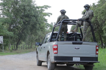 Military officials on patrol near one of the railway lines of the Interoceanic Corridor of the Isthmus of Tehuantepec.