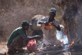 One man lifts honeycomb from a bees' nest while his companion holds a red plastic bag open to receive it, smoke drifts in the background. Image courtesy Claire Spottiswoode.