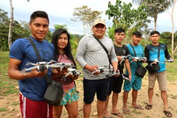 Equipped with drones and other technologies, young people from the Yanomami Indigenous Land actively monitor their territory, which has faced a serious humanitarian and environmental crisis due to illegal gold and cassiterite mining. Image courtesy of Evilene Paixão/HAY.