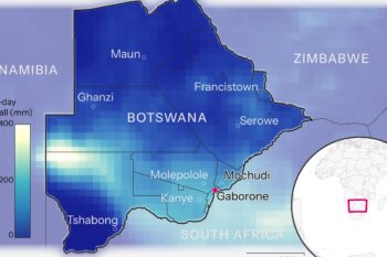 Five-day accumulated rainfall from Feb. 16-20, 2025, over Botswana. Image courtesy of World Weather Attribution.