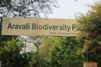 Image of a board at the entrance to Aravalli Biodiversity Park in New Delhi. Image by ccarlstead via Flickr (CC BY-NC-ND 2.0).