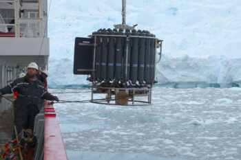 Scientists on a British Antarctic Survey ship measure the conditions of the ACC. Image courtesy of Michael Meredith.
